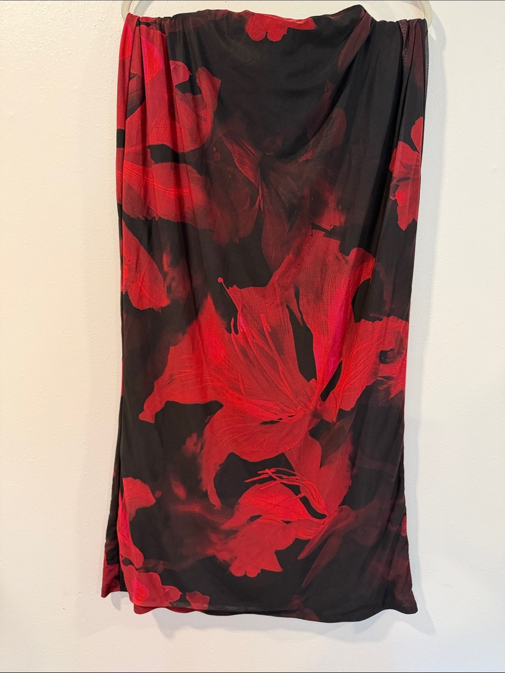 Red Floral Satin Maxi Skirt (No Visible Brand)